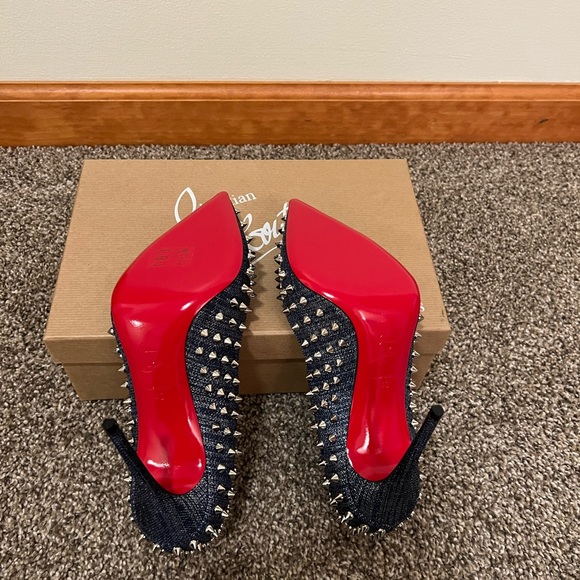 🚨 Christian Lounoutin Follies Spikes 100 Lame Lux Denim/Silver - Picture 3 of 6